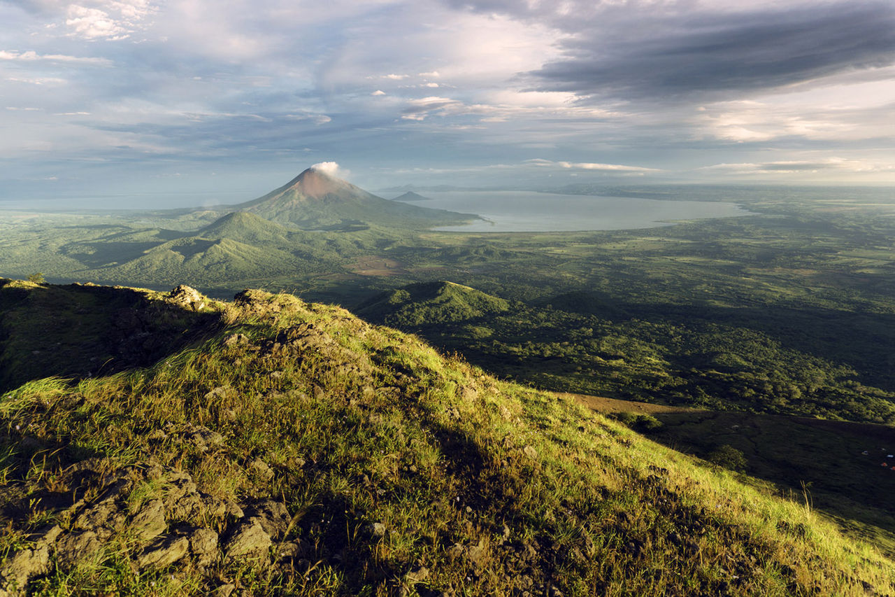 Aerial view of Concepcion Volcano green landscape against cloudy sky, Aerial view of Concepcion Volcano green landscape against cloudy