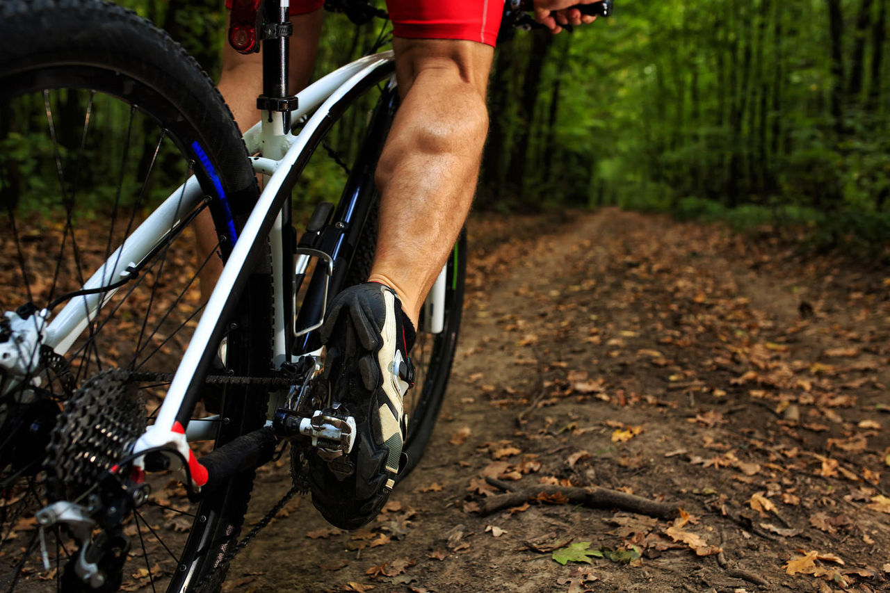 Cyclist riding mountain bike on rocky trail