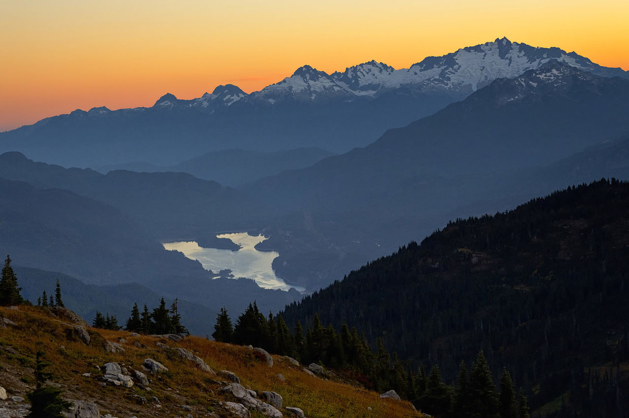 Alpine mountain landscape at sunset, Whistler, BC, Canada